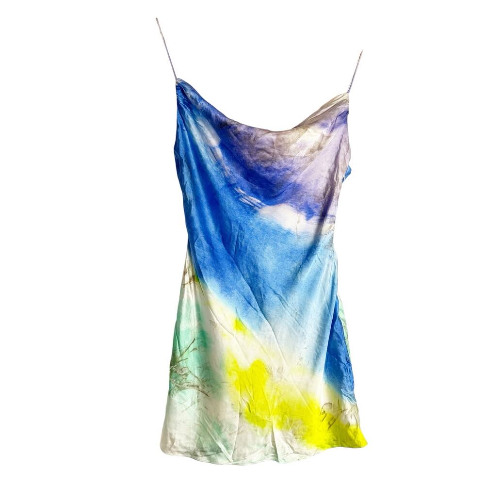 Retrofete Rylynn Multicolor Tie Dye Print Cowl Neck Silk Slip Mini Dress Size M